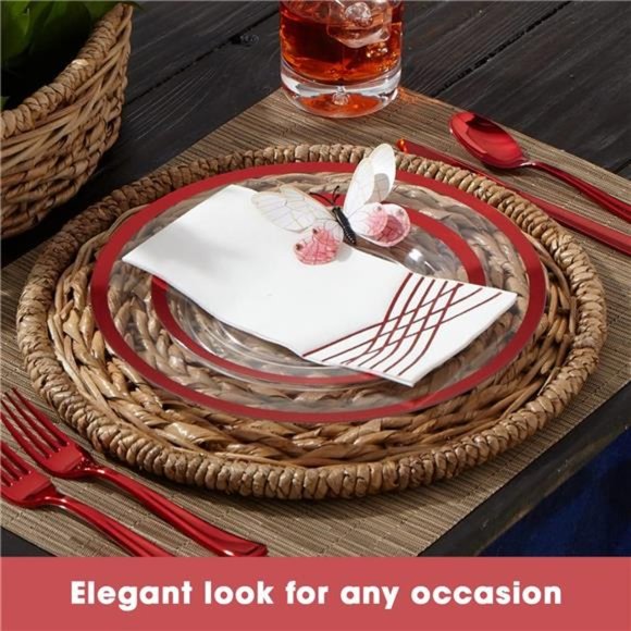 Heavyweight Red Plastic Plate Set|150PCS for 25Guests|Clear Plates with Red Trim - Picture 2 of 7
